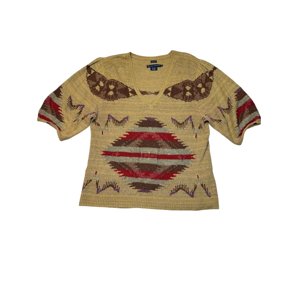 Ralph Lauren Hand Knit Southwestern Linen Silk V-Neck Short Sleeve Sweater XL